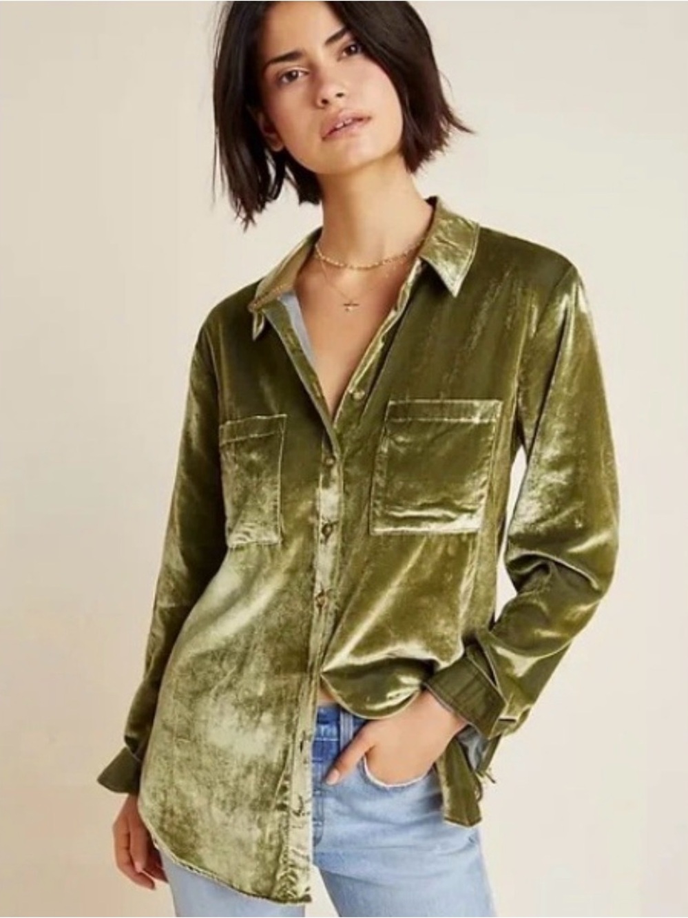 Maeve By Anthropologie Karina Green Velvet Button Down Shirt - Size 14